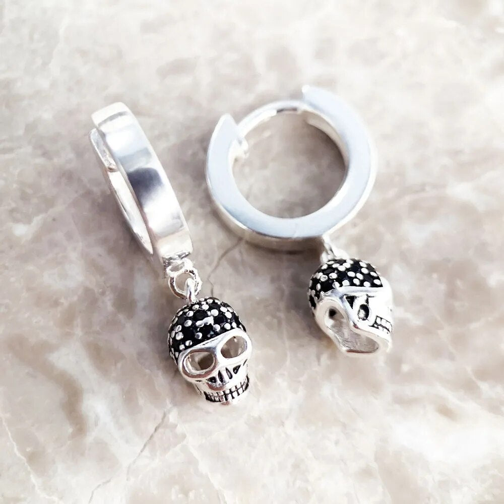 Hinged Hoop Earrings Skull Pave Gift In Real 925 Sterling Silver,Europe Style Rebel Punk Jewerly For Women Men