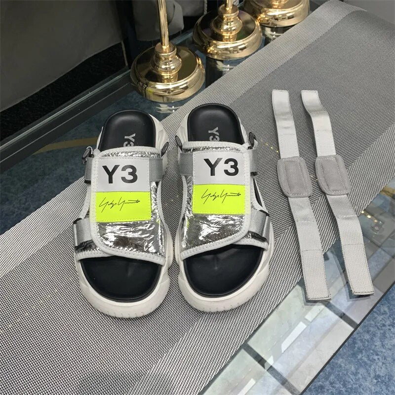 Y3 Summer Thick Soled Men's Shoes Genuine Leather Outdoor Sports Sandals Silver Black