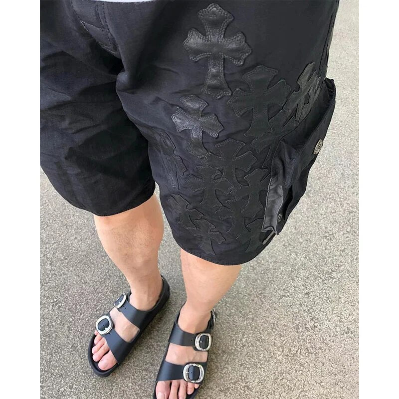Men's Shorts Leather Cross Embroidery Cargo Streetwear Hip Hop Casual Five-Point Pants Male