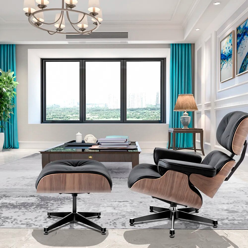 EU Stock TY303 Classic Recliner Light Walnut Armchair With Black Cowhide Black Big Head Foot Swivel Lounge Chair Furniture