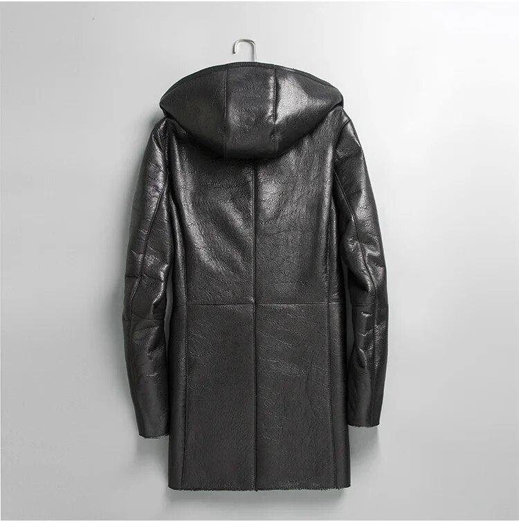 2024 Men's Genuine Sheep Shearling Jacket Men Clothing Real Sheepskin Leather Hooded Parka Winter Coat Jaqueta LXR791