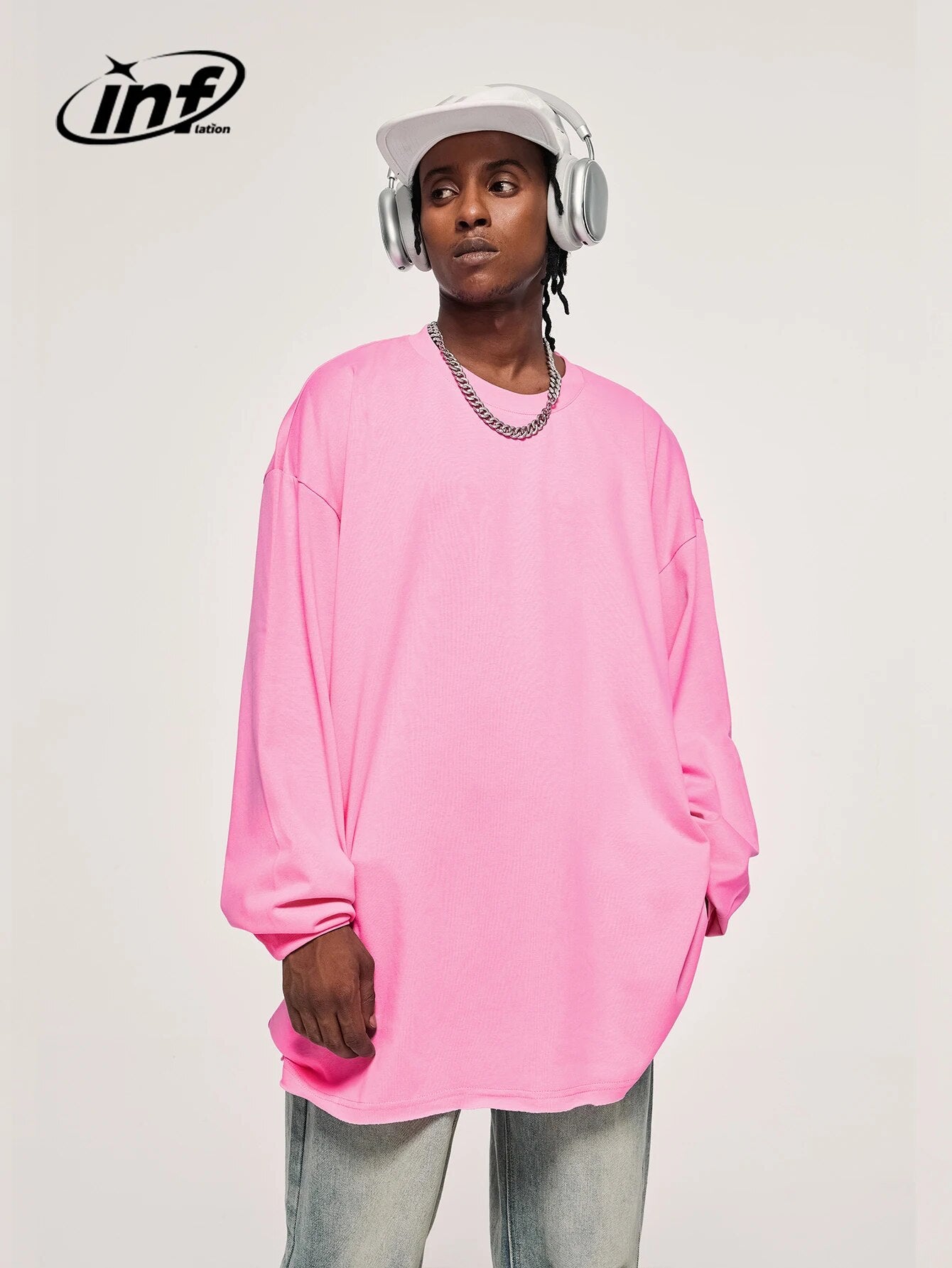 INFLATION Pink Cotton Long Sleeve T-shirts Unisex Oversized Hip Hop Tees Couple Wear Tee Shirts