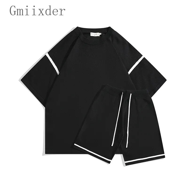 Spliced Knit 2pcs Set Summer American Breathable Ice silk Grunge Cool sports tracksuits unisex joggers T-shirt Shorts