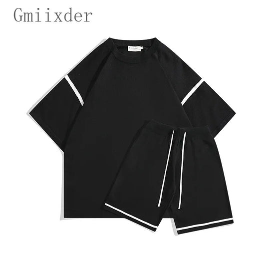 Spliced Knit 2pcs Set Summer American Breathable Ice silk Grunge Cool sports tracksuits unisex joggers T-shirt Shorts