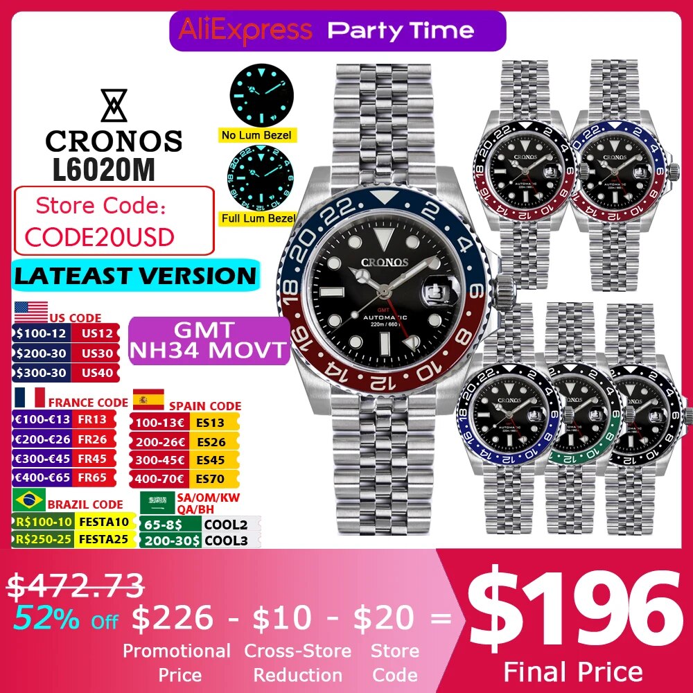 Cronos GMT Automatic Men Watch Bidirectional Bezel Sapphire 20 ATM NH34 Solid 5 links Metal Bracelet BGW-9 Lum