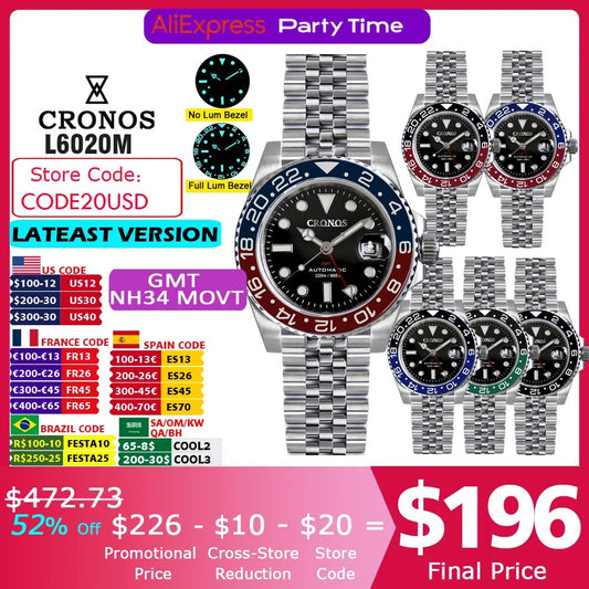 Cronos GMT Automatic Men Watch Bidirectional Bezel Sapphire 20 ATM NH34 Solid 5 links Metal Bracelet BGW-9 Lum