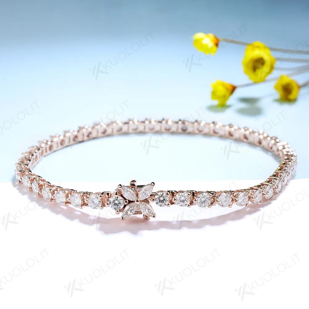 Kuololit Flower Moissanite Bracelet  for Women Solid 14K 10K Gold Marquise Diamond Tennis Bracelet for Engagement Welding Gifts