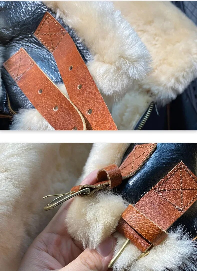 Luxury Men's Genuine Sheepskin Shearing Leather Coat Wool Liner Jacket with a Hood Thick Warm Pilot Clothing XXXXXXXL Size 60 62