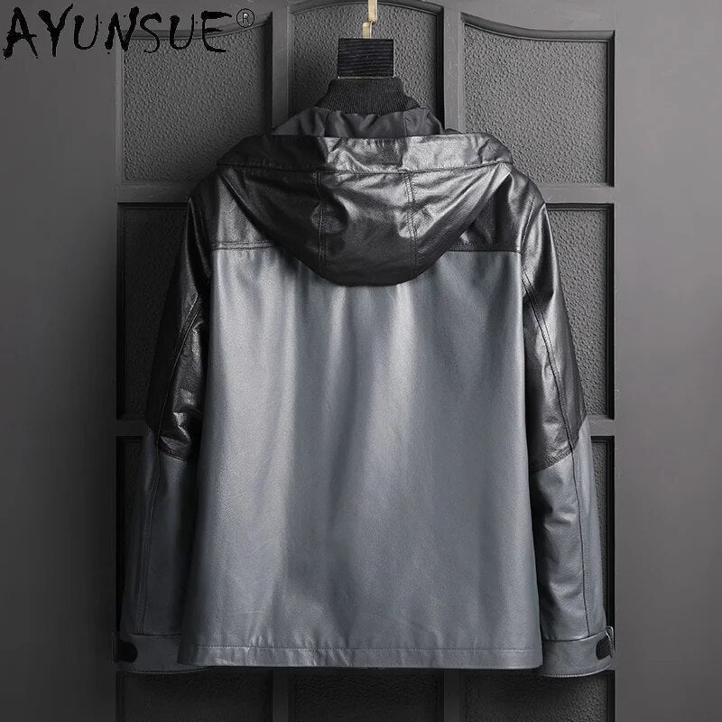 Men's Hooded Genuine Cowhide Leather Jacket Men Clothing Man Parka Winter Coat Male Autumn Clothes Ropa Hombre LXR1021