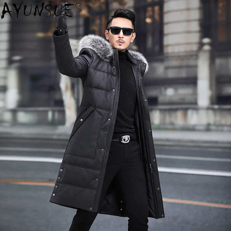 Erkekler Parkas Winter Real Sheepskin Leather Jackets for Men Clothing Men's Down Jacket 100% Fox Fur Collar Ropa LXR822