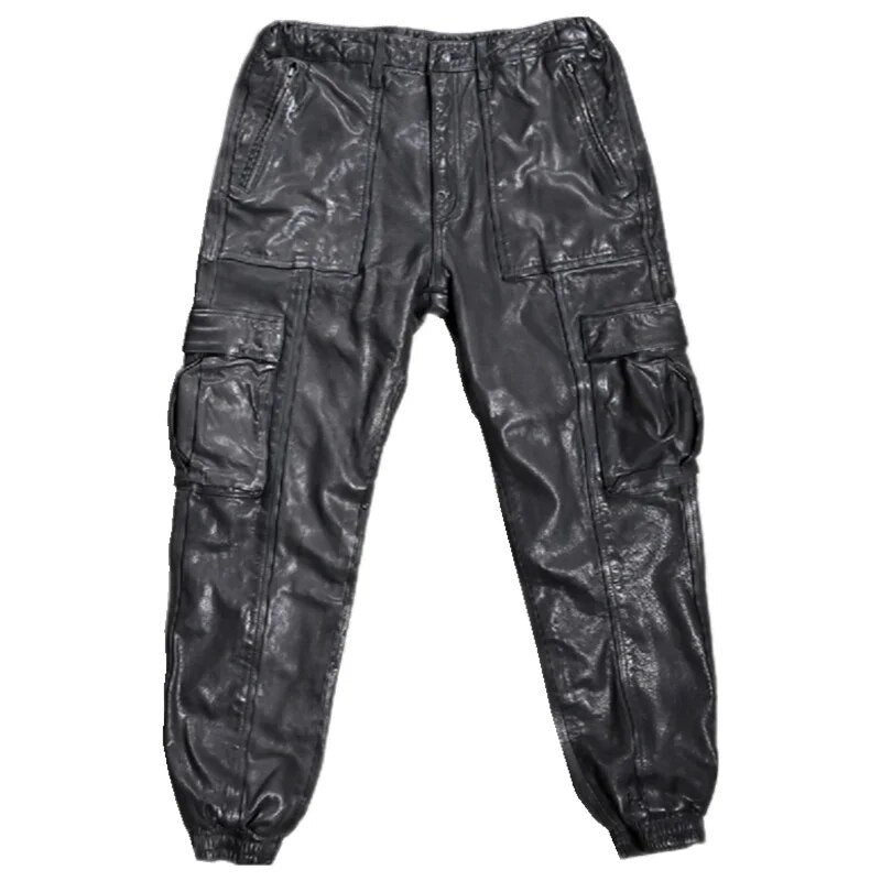 New Real Leather Pants Men Vintage Vegetable-tanned Top Layer Cowhide Trousers Loose Cargo Cuffed Cropped FC