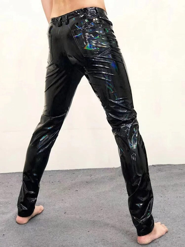 Plus Size 6XL Men Sexy Skinny Bright Faux Leather Pencil Pants Night Clubwear Long Trousers Stretchy Soft Patent