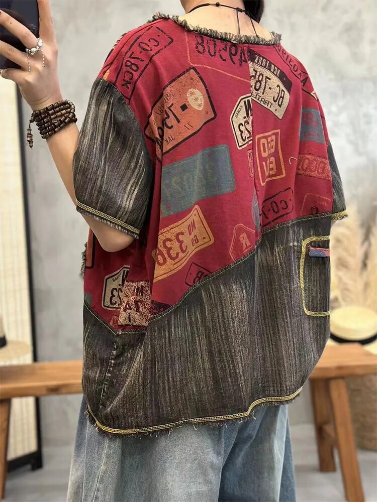 Max LuLu 2023 New Summer European Fashion Style Ladies Vintage Tee Shirts Women Denim Patchwork Ripped Tshirts Casual Streetwear