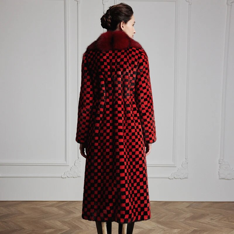 Women's Fur Coat 2223 Trend Natural Fur Long Mink Red Grid Fashion Outerwear Jackets Trench Coats New Outdoor Clothes Clothing