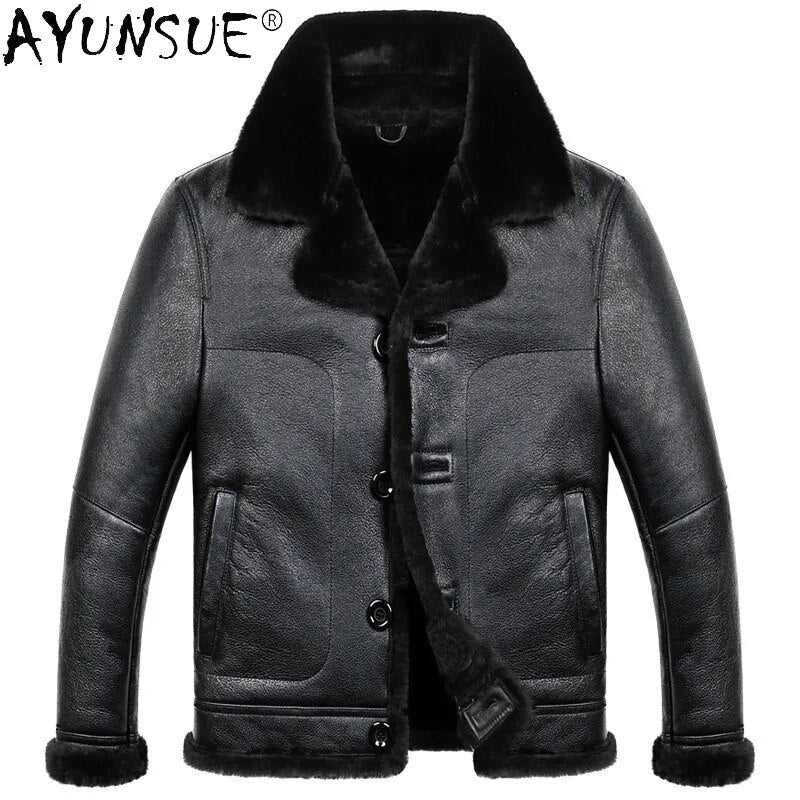 Men's Real Sheep Shearling Leather Jacket Men Clothing Warm Winter Coat Mens 100% Sheepskin Jackets Hommes Veste LXR965