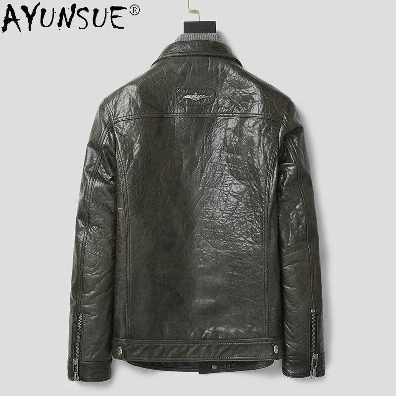 2024 New Men's Sheepskin Leather Jacket Men Clothing Motorcycle Jackets Short Autumn Coat Male Chaqueta Hombre :LXR958