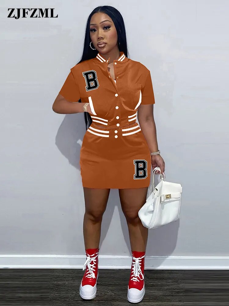 B Letter Embroidery Two Piece Dress Sets Harajuku Girls Baseball Sport Cropped Coat and High Waist Skirt Matching Outfit Summer - KAISERINC