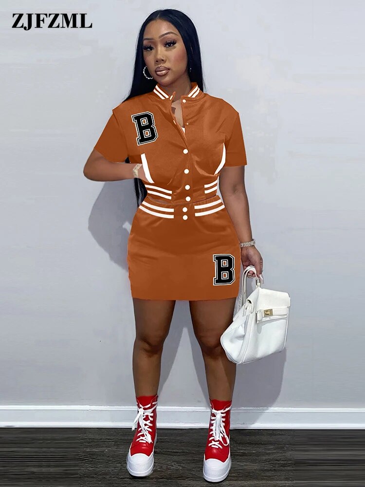 B Letter Embroidery Two Piece Dress Sets Harajuku Girls Baseball Sport Cropped Coat and High Waist Skirt Matching Outfit Summer