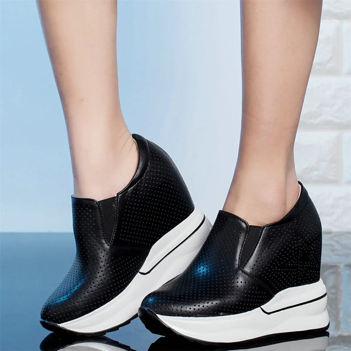 Breathable Vulcanized Shoes Women Genuine Leather Wedges High Heel Pumps Female Round Toe Platform Fashion Sneakers Casual Shoes
