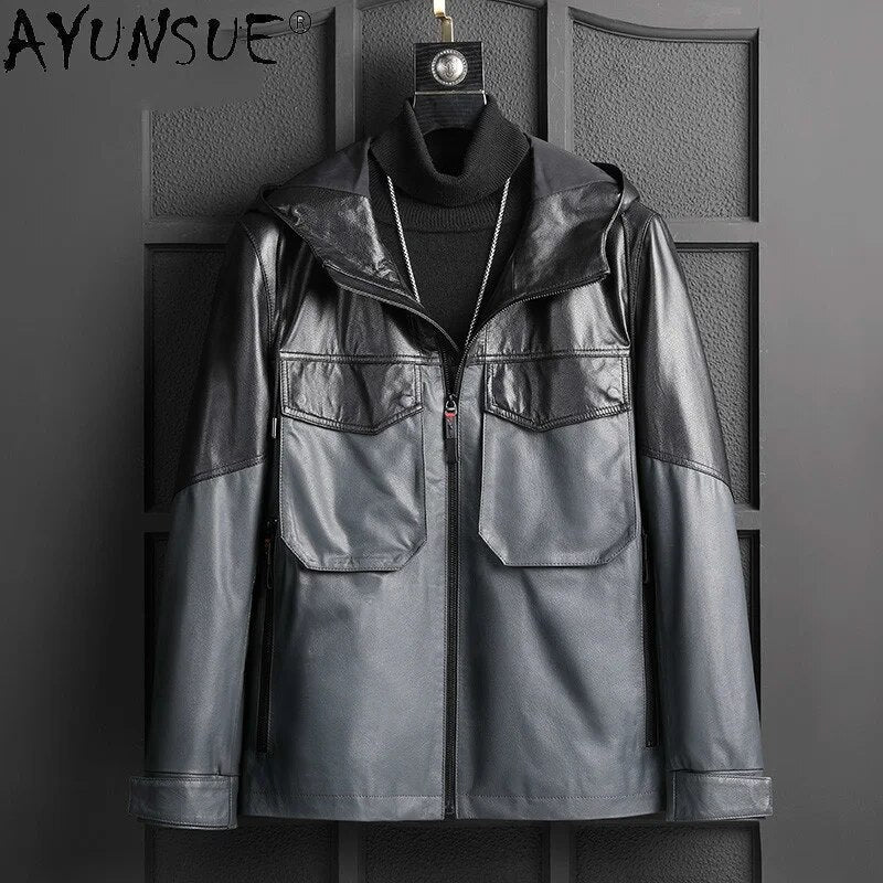 Men's Hooded Genuine Cowhide Leather Jacket Men Clothing Man Parka Winter Coat Male Autumn Clothes Ropa Hombre LXR1021