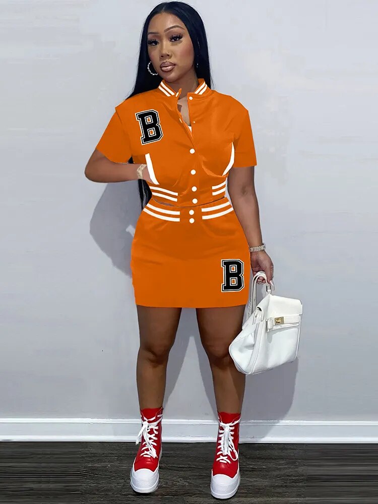 B Letter Embroidery Two Piece Dress Sets Harajuku Girls Baseball Sport Cropped Coat and High Waist Skirt Matching Outfit Summer - KAISERINC