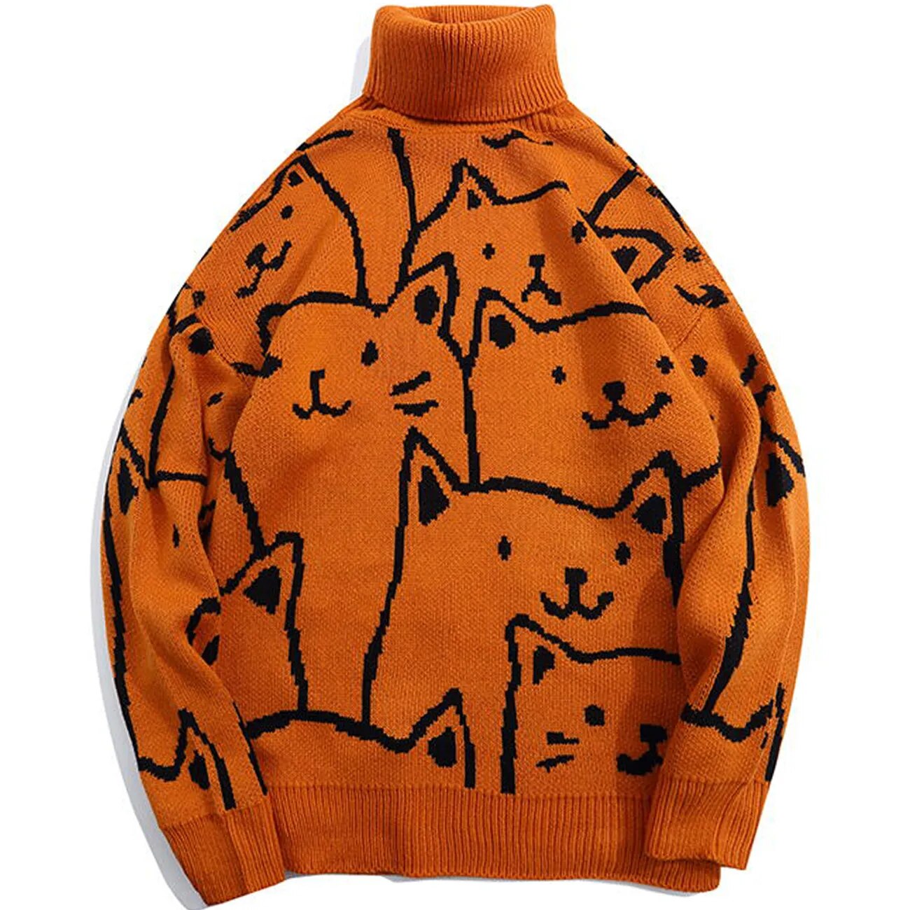 LACIBLE Harajuku Cat Pattern Turtleneck Knit Sweater Loose Casual Turtleneck Knitted Sweater Pullover Men Knitwear Streetwear