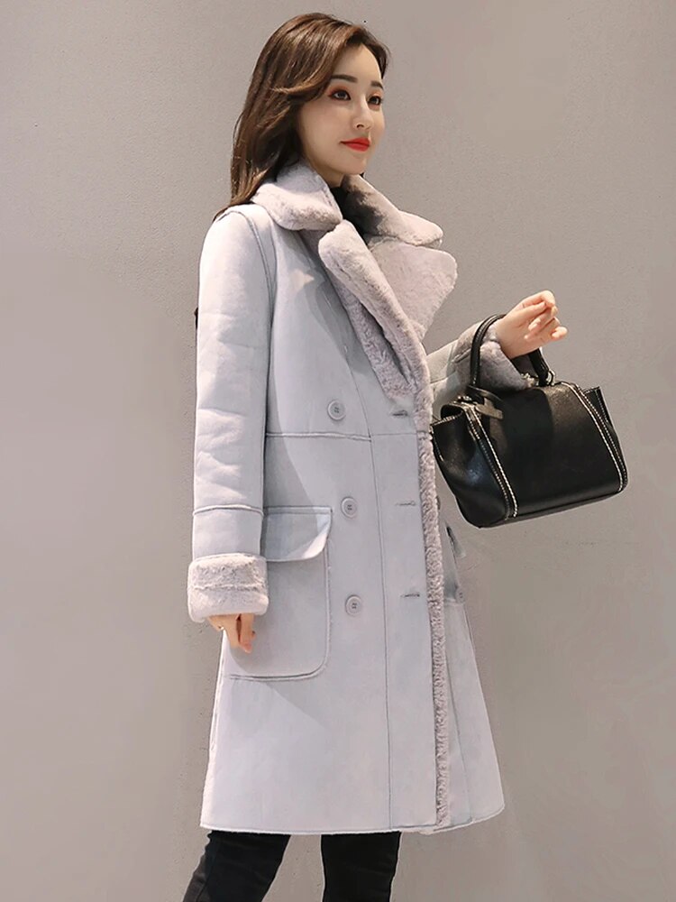 Velvet Thicken Woman Long Coat Jacket Warm Faux Suede Parka Female Double Breasted Gray Jacket 2022 Winter  Women'S Clothing