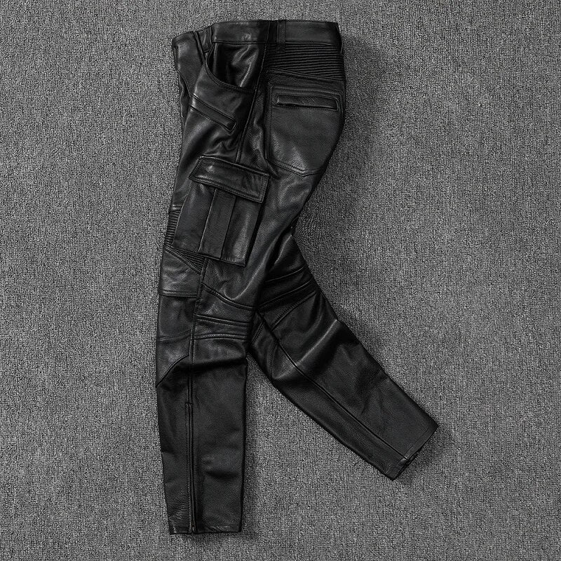 quality 2023 new high luxury brand real mens genuine leaher cargo pants.black Pro biker cow leather long pants.Protective gear t
