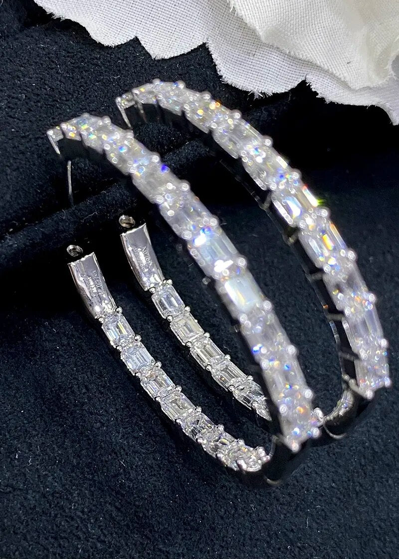 LUOWEND 18K White Gold Earrings Real Natural Diamond Hoop Earrings Shiny E-Shaped Shape Party Jewelry for Women Senior Banquet