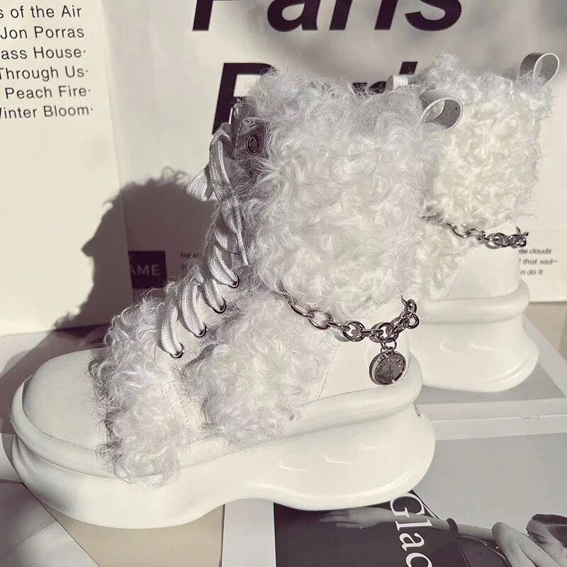 European Station Women's Fashion Platform Ankle Boots Luxury Wool Trend Snowshoes Fine Chain Casual Solid Color Fur Sneakers