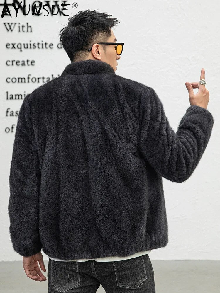 AYUNSUE Natural Mink Real Fur Coat Luxury Winter Jackets for Men 2023 Solid Color Mink Fur Jacket Baseball Collar Abrigo Hombre