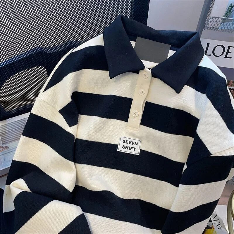 Men's Retro Black White Striped Polo Shirt Sweater Women's Autumn Loose Long-sleeved Turndown Collar Buttons Letter Tops Tees