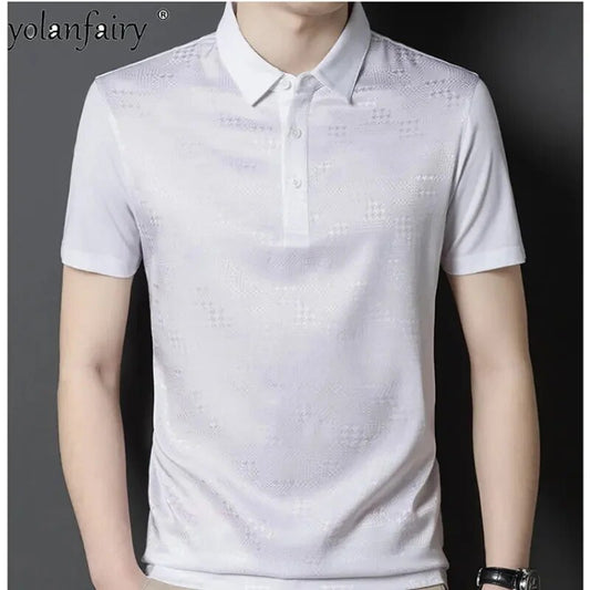 Summer 95% Mulberry Silk T Shirts for Men Tees Short Sleeved Polo Male Business Casual High-quality FCY3904