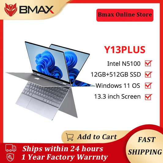 BMAX Y13PLUS 360° Laptop 13.3 inch Notebook Windows 11 12GB RAM LPDDR4 512GB SSD 1920*1080 IPS Intel N5100 laptops Computer