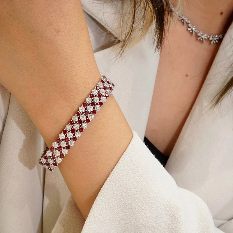 Aazuo Luxury Jewelry 18K Solid White Gold Real Diamonds Natural Ruby Line Tennis Bracelet Gifted For Women High Cass Banquet