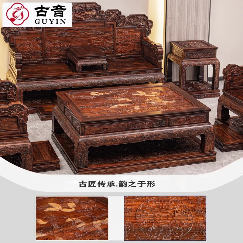 Custom mahogany furniture, black sour branch living room, luxury sofa, broadleaf yellow sandalwood, classical carving