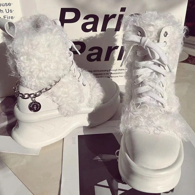 European Station Women's Fashion Platform Ankle Boots Luxury Wool Trend Snowshoes Fine Chain Casual Solid Color Fur Sneakers