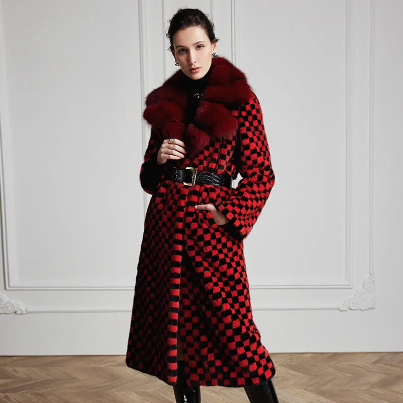 Women's Fur Coat 2223 Trend Natural Fur Long Mink Red Grid Fashion Outerwear Jackets Trench Coats New Outdoor Clothes Clothing