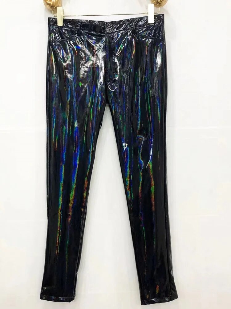 Plus Size 6XL Men Sexy Skinny Bright Faux Leather Pencil Pants Night Clubwear Long Trousers Stretchy Soft Patent