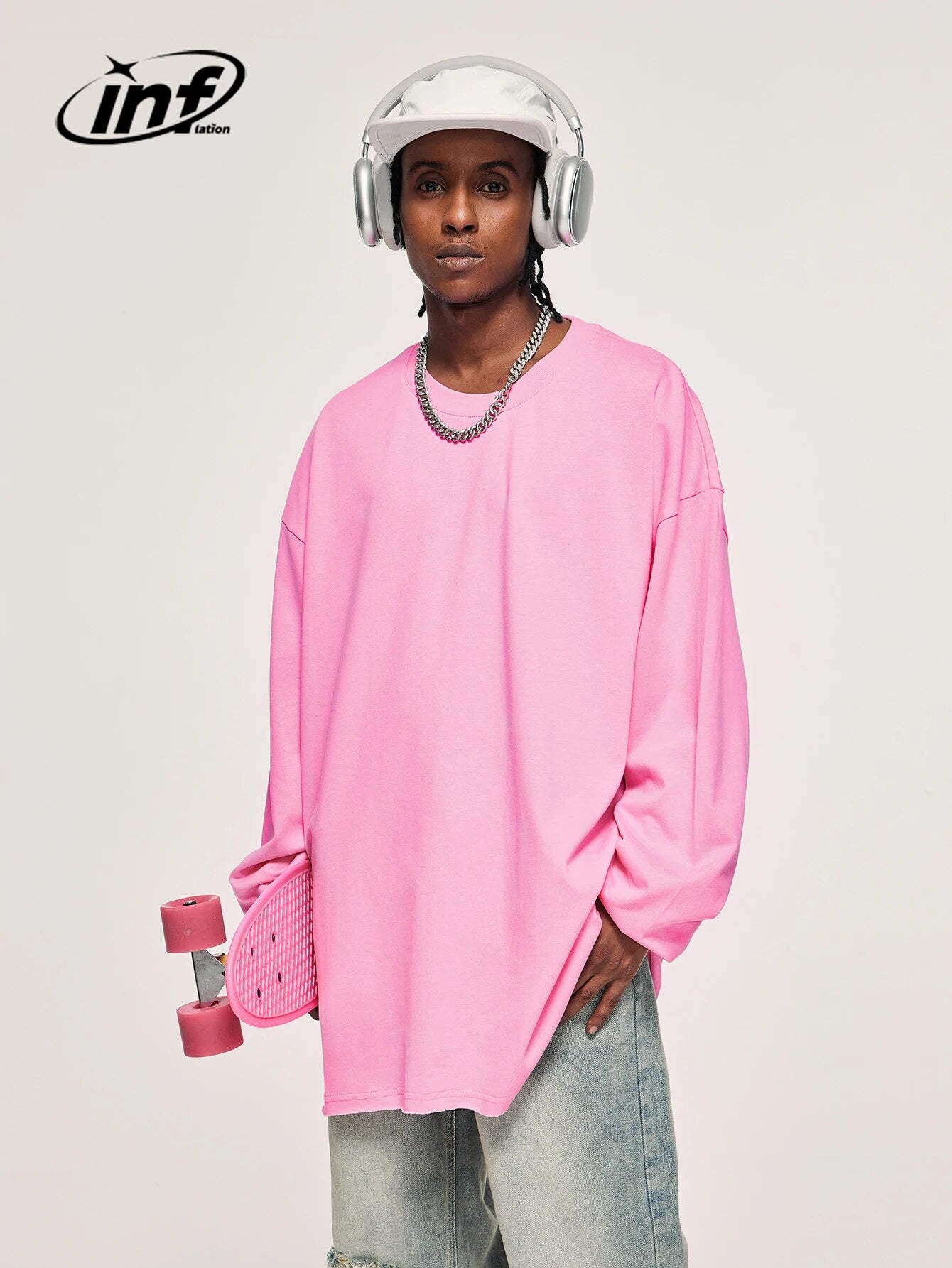 INFLATION Pink Cotton Long Sleeve T-shirts Unisex Oversized Hip Hop Tees Couple Wear Tee Shirts