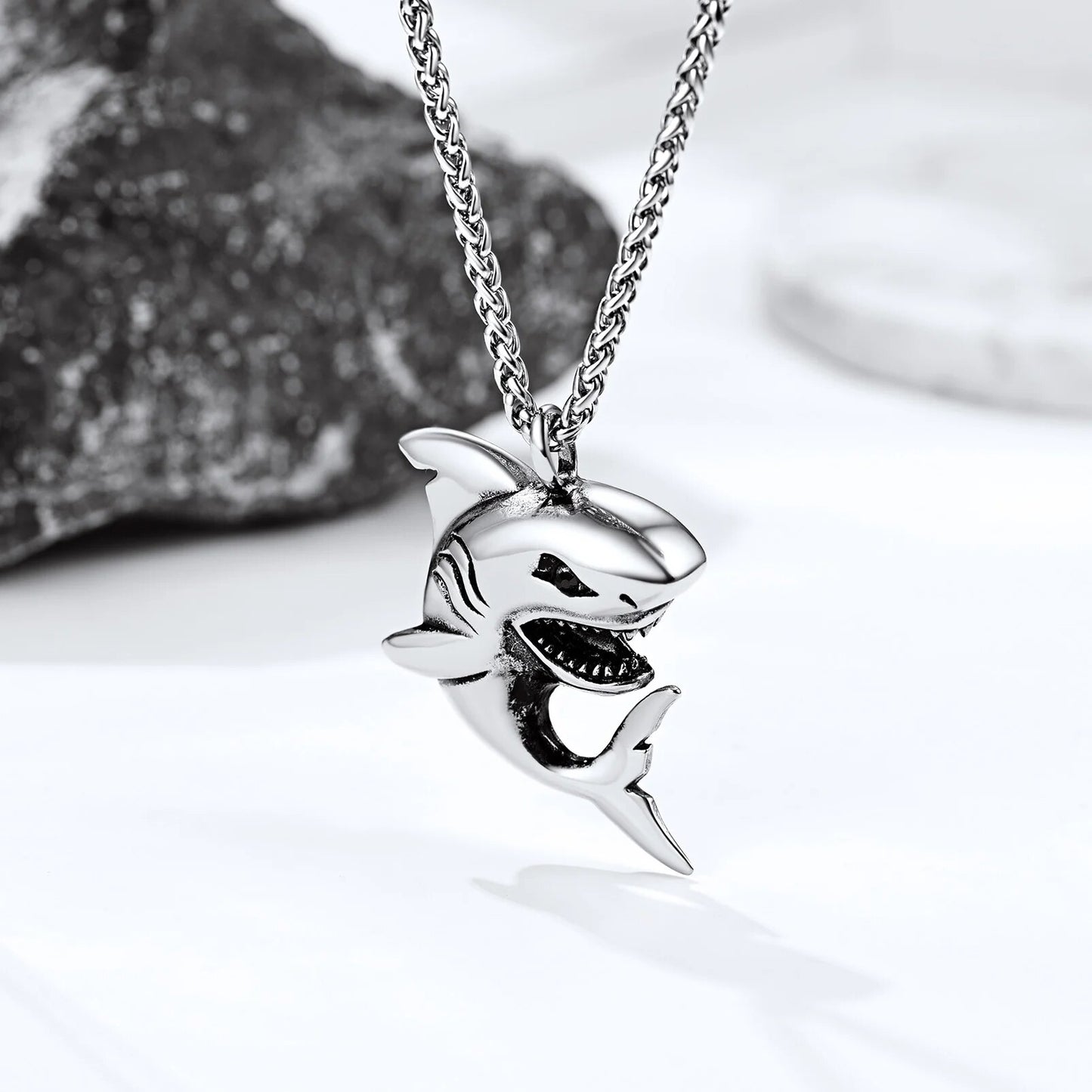 U7 Big Shark Pendant Necklace Men Stainless Steel Jewelry Rock Punk Ocean Sea Animal Necklaces