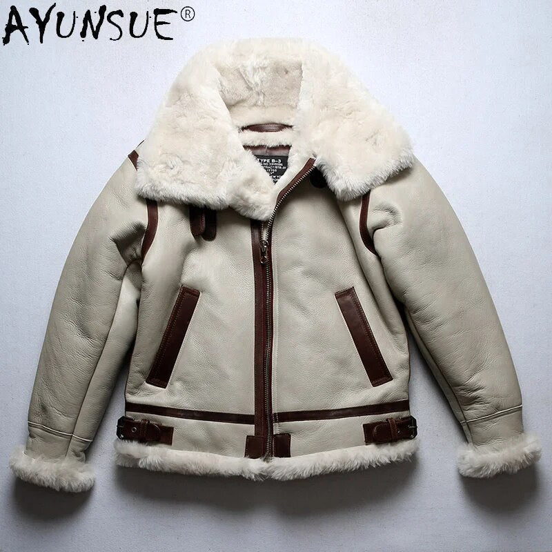 Men's Sheepskin Leather Jacket Men Clothing Real Sheep Shearing Winter Jackets White Wool Fur Coat Hommes Veste LXR910