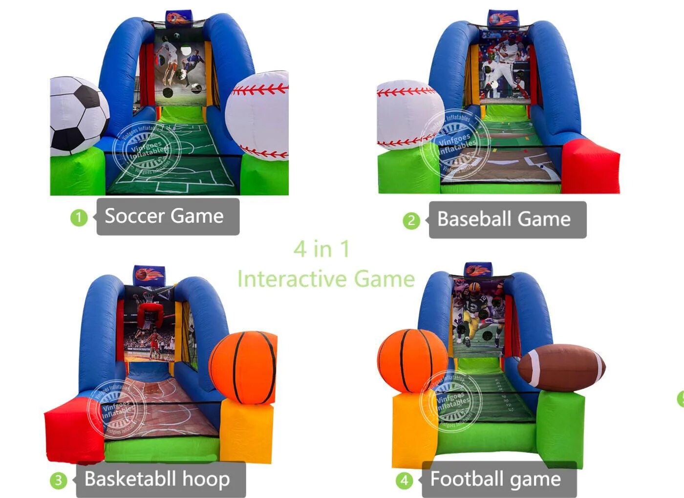 Inflatable Soccer Dart & Basketball Hoop & Baseball & Football Interactive 4-in-1 Multi Sports Play Throwing Game