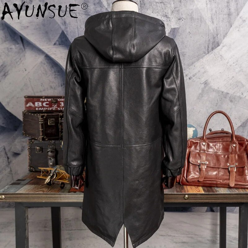 Genuine Sheepskin Leather Jacket Men Clothing Korean Hooded Men's Windbreaker Medium Long Clothes Hommes Veste LXR891