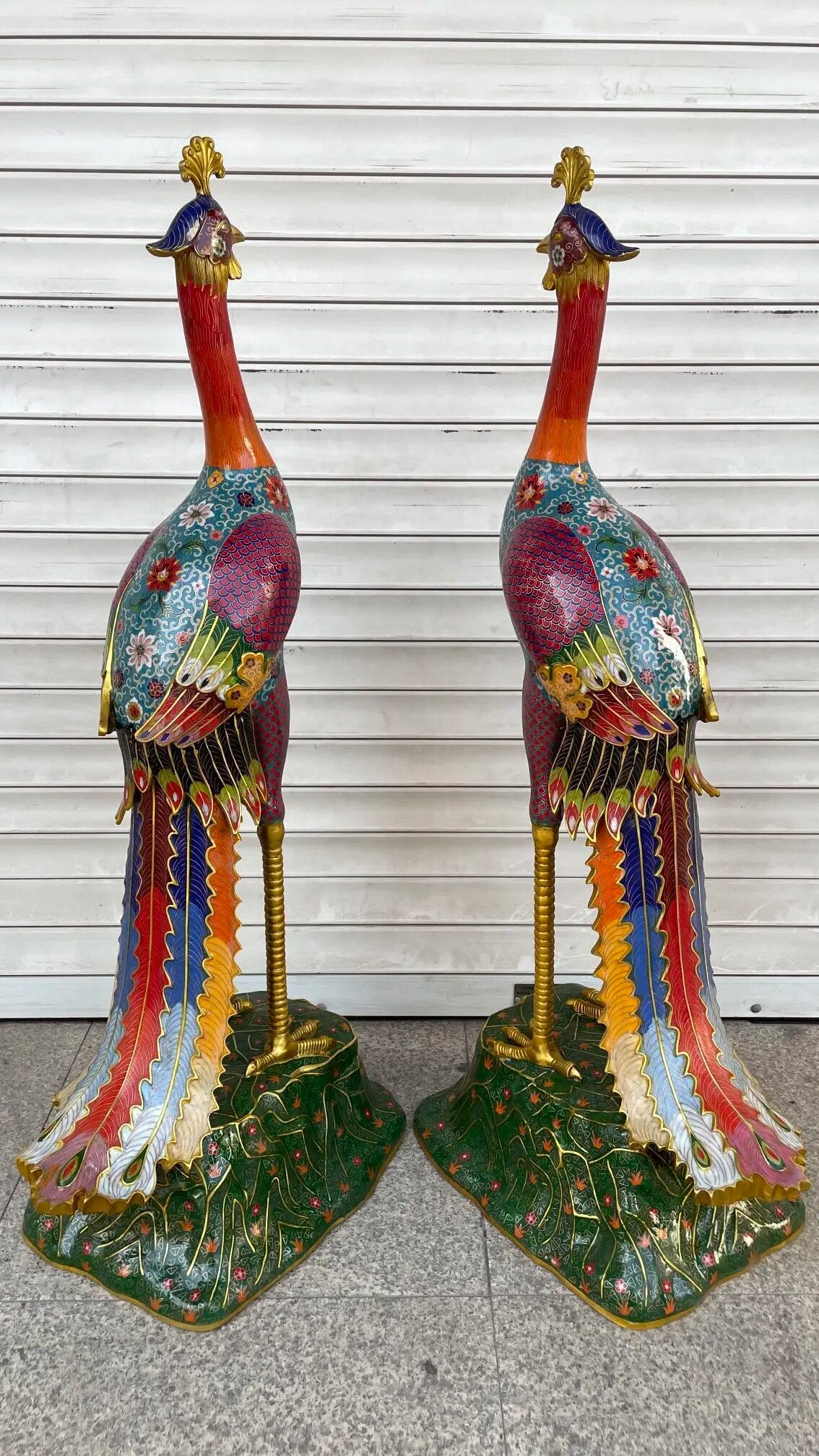 49"Tibet Temple Collection Old Bronze Cloisonne Enamel Phoenix Divine Beast Statue A pair Amass wealth Ornaments Town house