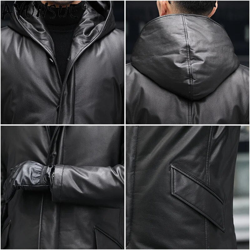 Men's Down Jacket Winter Coat Men Clothing Real Cow Leather Jackets Thick Clothes Hooded Windbreaker Ropa Hombre LXR543