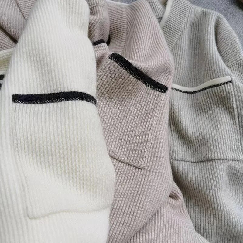 Autumn Winter V Neck Long Sleeve 100% Cashmere Casual Style Pants Suit