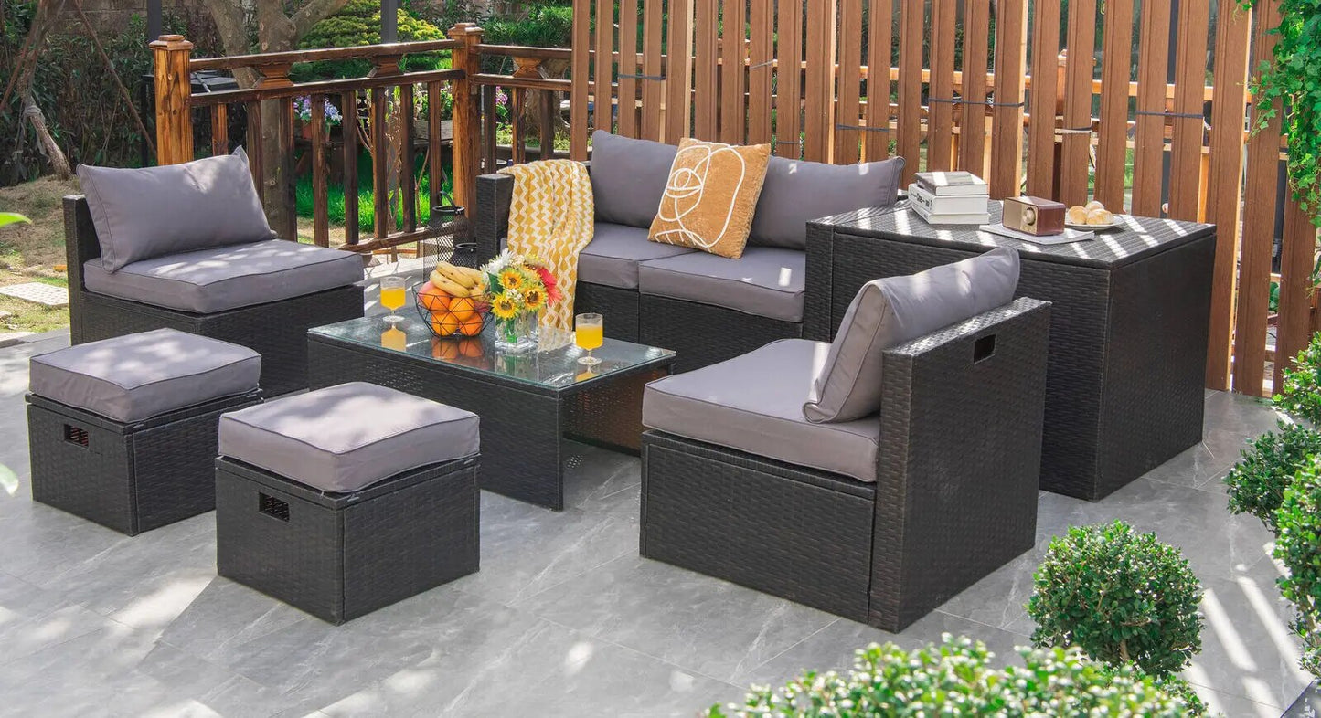 Patiojoy 8PCS Patio Rattan Furniture Set Space-Saving Storage Cushion Grey