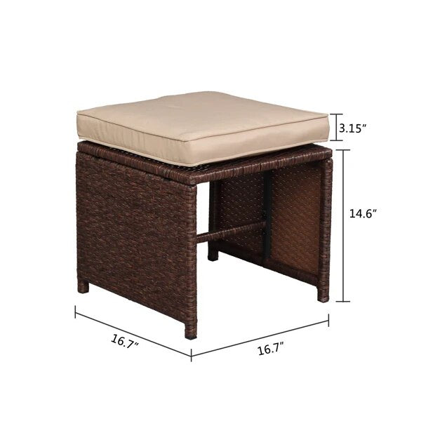 9 Pieces Patio Furniture Set Wood Grain PE Wicker Rattan Dining Table Set Ottoman with Tempered Glass Table Easy Assembly