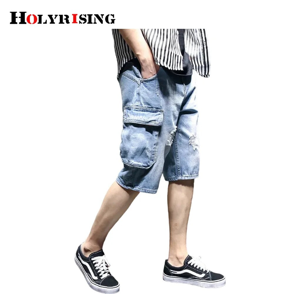 men denim shorts hot casual pockets calça masculina loose thin jeans for man button classic hole trendy summer solid 청바지 NZ061